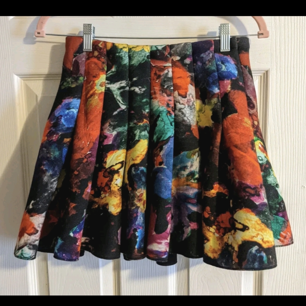 H&M Pleated Colorful Mini Skirt 34 2/4 Abstract Floral Neoprene Rare Y2K
